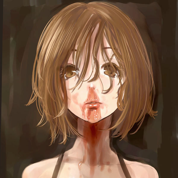 kito (coyo), andrew wk, hirasawa yui, i get wet, k-on!, derivative work, 1girl, album cover, album cover redraw, blood, blood on face, brown background, brown eyes, brown hair, cover, female focus, hair over eyes, lips, messy hair, nosebleed, parody, portrait, short hair, solo