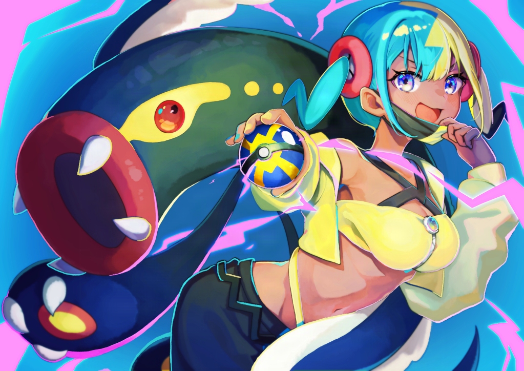 3miril, canari (pokemon), eelektross, nintendo, pokemon, pokemon legends: z-a, commentary request, 1girl, :d, bandeau, belt, black belt, black pants, blue eyes, breasts, cleavage, cropped jacket, eyelashes, gen 5 pokemon, happy, holding, holding poke ball, jacket, long sleeves, mask, mask pull, mouth mask, multicolored hair, nail polish, navel, open clothes, open jacket, open mouth, pants, poke ball, pokemon (creature), quick ball, short twintails, smile, twintails, yellow bandeau, yellow jacket, zipper, zipper pull tab