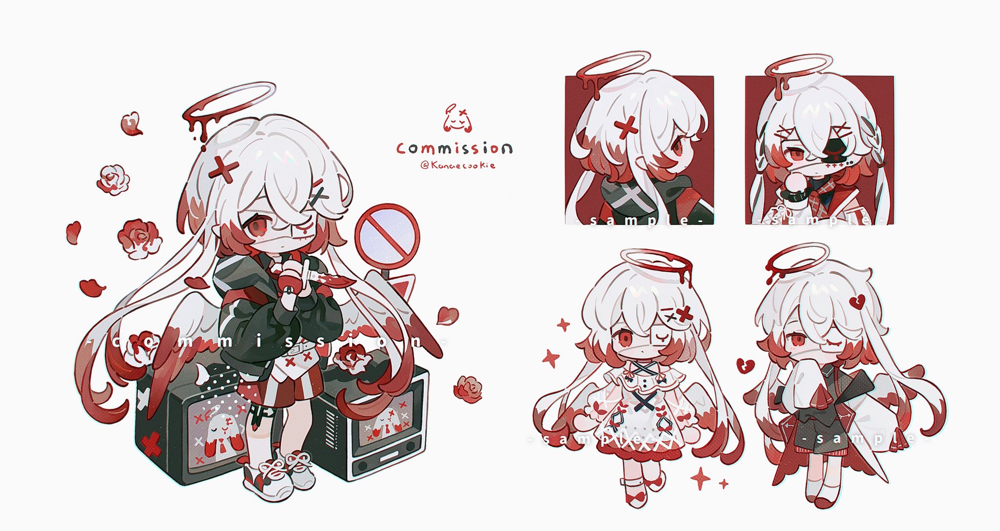 kanae (cookie), original, commission, highres, 1girl, black hoodie, black shirt, chibi, chibi only, closed mouth, dress, eyepatch, full body, hair between eyes, halo, hand up, hood, hood down, hoodie, jacket, long hair, long sleeves, looking at viewer, melting halo, multicolored hair, multiple views, open clothes, open jacket, red eyes, red hair, red halo, red shorts, road sign, shirt, shoes, shorts, sign, simple background, sleeves past fingers, sleeves past wrists, sneakers, standing, stop sign, twitter username, two-tone hair, white background, white dress, white hair, white jacket, white shoes