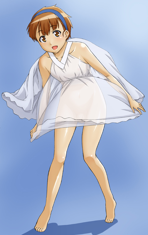 sawa jaaji, nitori shuuichi, hourou musuko, 1boy, androgynous, barefoot, brown eyes, brown hair, crossdressing, crossdressing (mtf), dress, feet, hairband, male focus, see-through clothes, shota, solo, trap