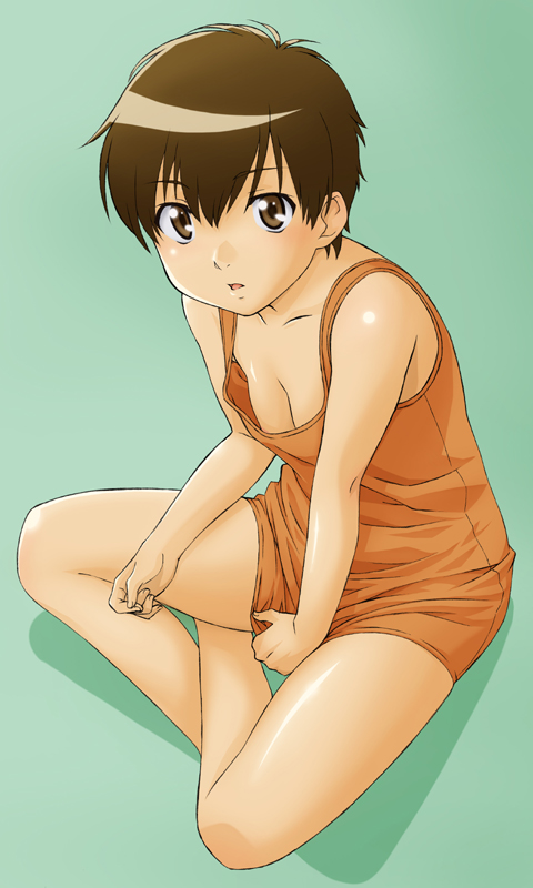 sawa jaaji, takatsuki yoshino, hourou musuko, 1girl, androgynous, blush, breasts, brown eyes, brown hair, child, cleavage, crossed legs, dress, female focus, indian style, legs, reverse trap, short hair, sitting, solo, tomboy