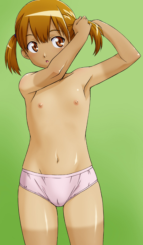 sawa jaaji, hourou musuko, copyright request, 1girl, armpits, breasts, brown eyes, brown hair, cameltoe, female focus, flat chest, loli, nipples, panties, shirt tan, shorts tan, simple background, solo, tan, tanline, topless female, twintails, underwear
