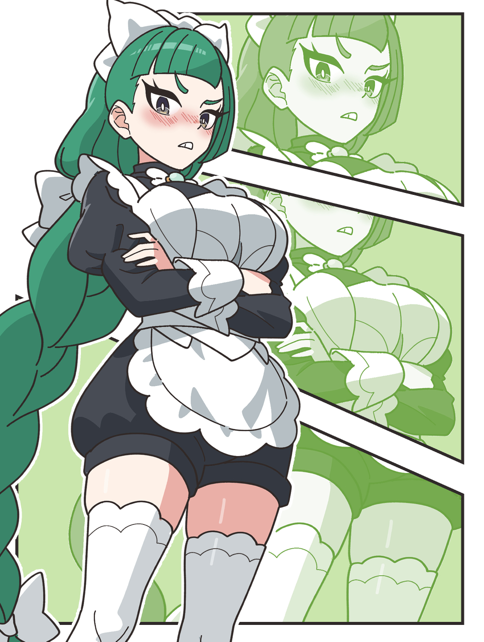 kanbei (pixiv11037490), lebanne (pokemon), nintendo, pokemon, pokemon legends: z-a, commentary request, highres, 1girl, apron, black romper, blush, bow, bowtie, braid, braided ponytail, breasts, crossed arms, green eyes, green hair, large breasts, long braid, long hair, long sleeves, looking at viewer, maid, maid apron, maid headdress, open mouth, puffy sleeves, romper, teeth, thighhighs, white bow, white bowtie, white thighhighs