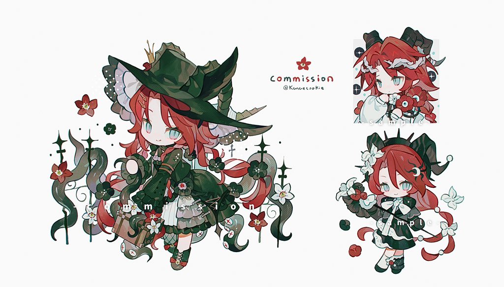 kanae (cookie), original, commission, 1girl, black dress, blue eyes, chibi, chibi only, closed mouth, dress, frilled dress, frilled sleeves, frills, full body, green hat, green shoes, hat, holding, holding suitcase, long hair, long sleeves, looking at viewer, multiple views, red hair, shoes, simple background, slit pupils, smile, standing, suitcase, twitter username, white background