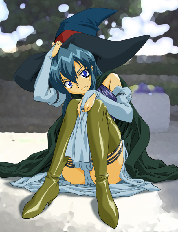 sawa jaaji, 1girl, blue eyes, blue hair, boots, clothes lift, elbow gloves, female focus, gloves, green boots, hat, matching hair/eyes, mole, panties, skirt, skirt lift, solo, thigh boots, thighhighs, underwear, witch hat