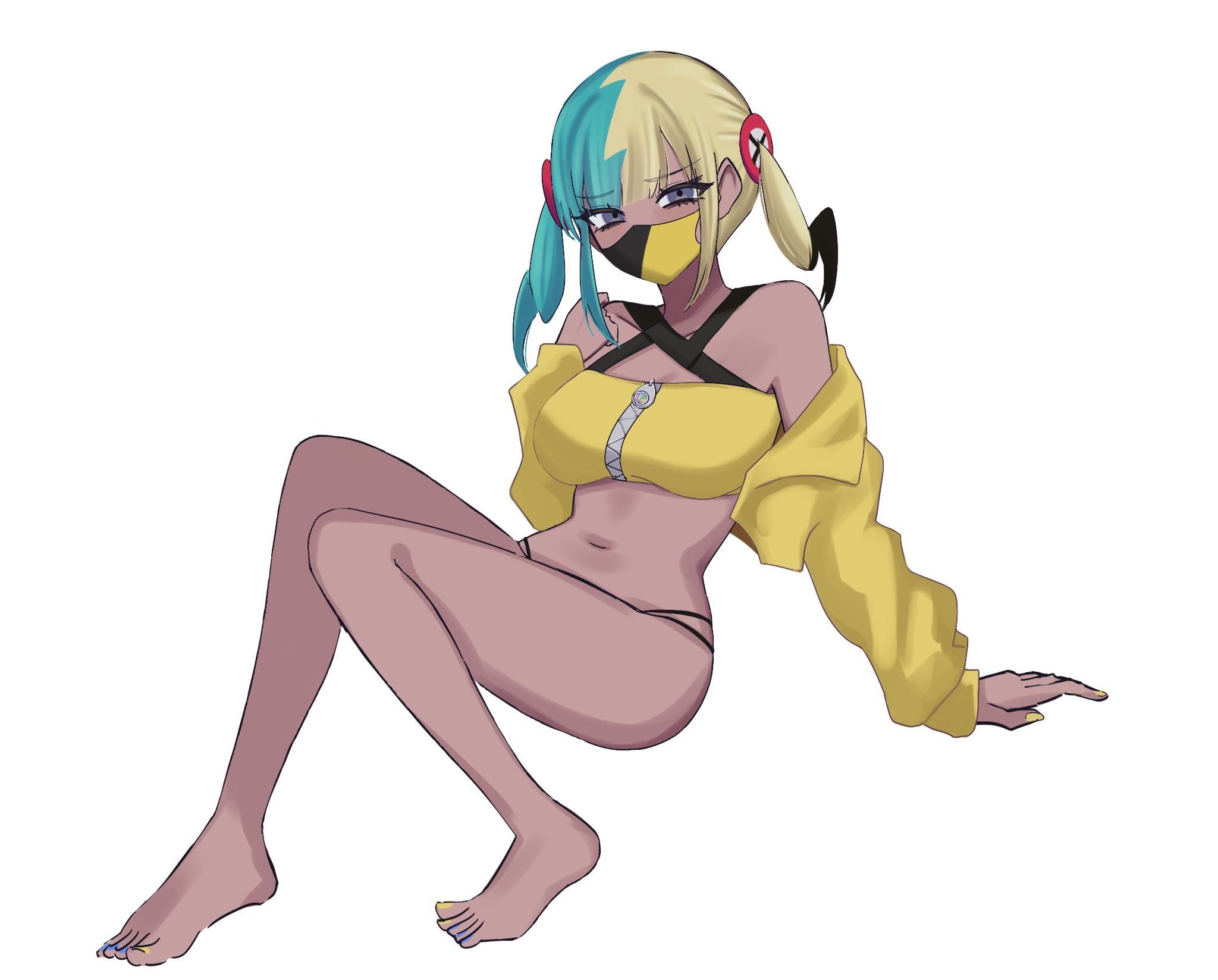 canari (pokemon), nintendo, pokemon, pokemon legends: z-a, commentary request, highres, 1girl, bandeau, bare legs, barefoot, eyelashes, feet, full body, grey eyes, hand up, jacket, long sleeves, looking at viewer, m ikachu, mask, mouth mask, multicolored hair, nail polish, navel, off shoulder, simple background, solo, toenail polish, toenails, toes, twintails, white background, yellow bandeau, yellow jacket, zipper, zipper pull tab
