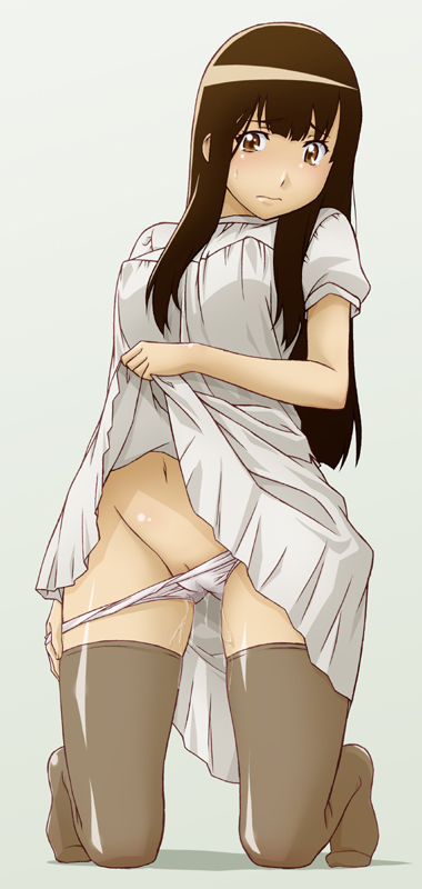 sawa jaaji, chiba saori, hourou musuko, 1girl, brown eyes, brown hair, clothes lift, dress, feet, loli, panties, panty pull, pussy, pussy peek, shy, skirt, skirt lift, thighhighs, underwear