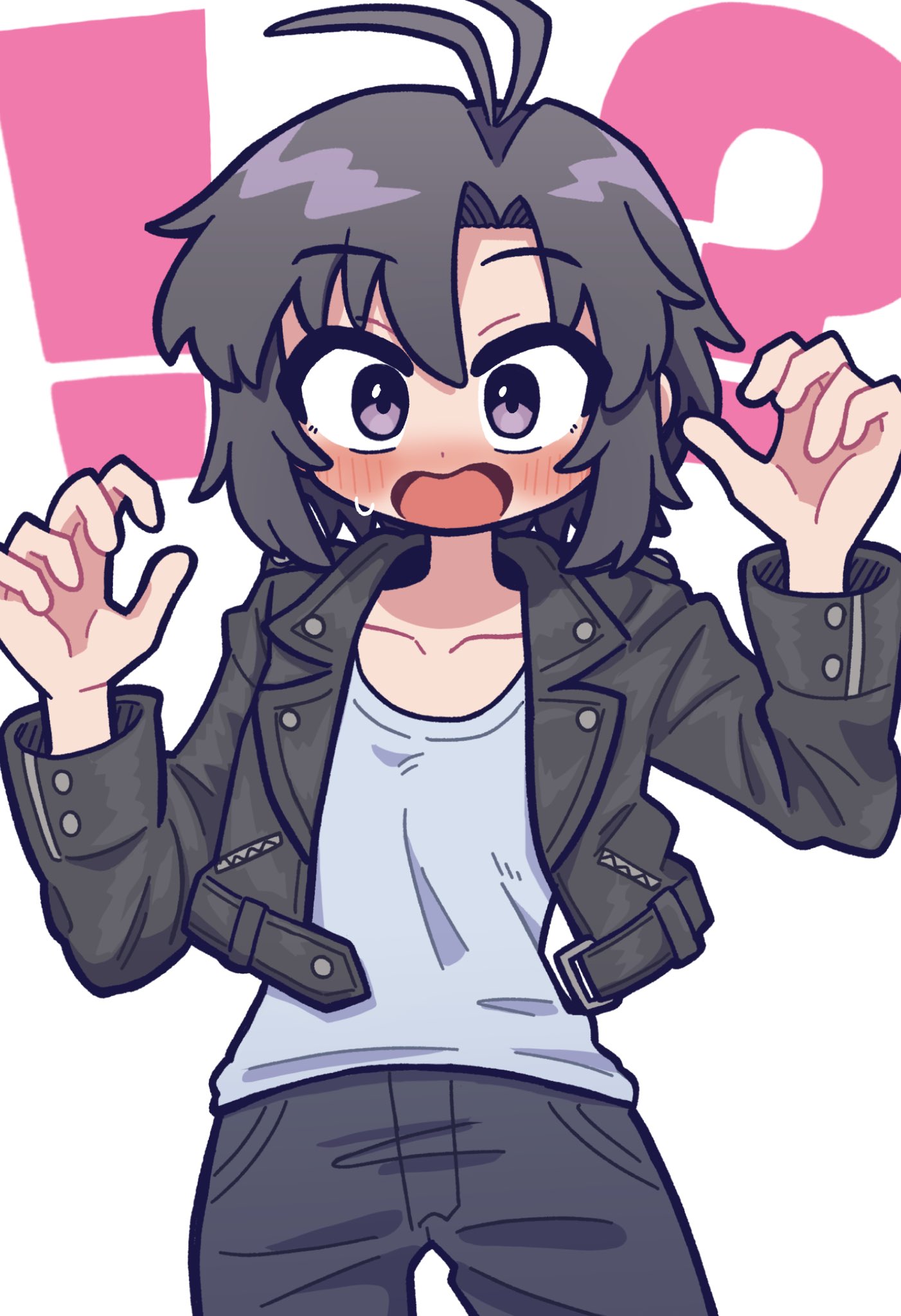 fis (t83192933), kikuchi makoto, idolmaster, idolmaster (classic), highres, !?, 1girl, antenna hair, black hair, black jacket, black pants, blush, cowboy shot, deformed, grey shirt, hands up, jacket, leather, leather jacket, long sleeves, looking at viewer, open clothes, open jacket, open mouth, pants, shirt, short hair, simple background, solo, standing, surprised, white background