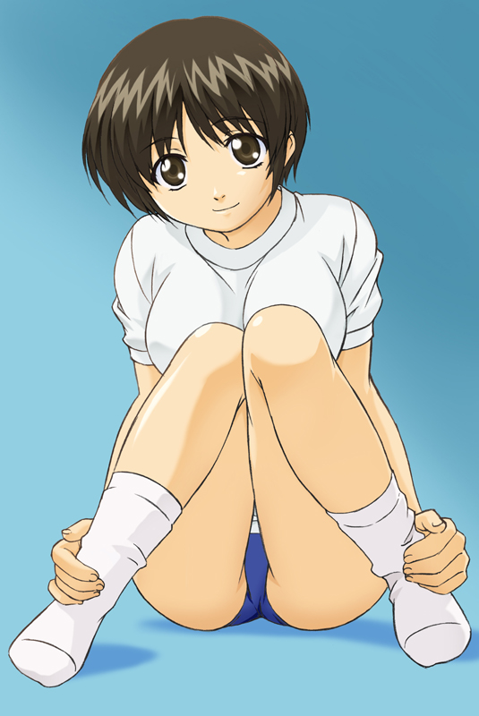sawa jaaji, breasts, brown eyes, brown hair, buruma, feet, gym uniform, large breasts, short hair, sitting, smile, socks, solo