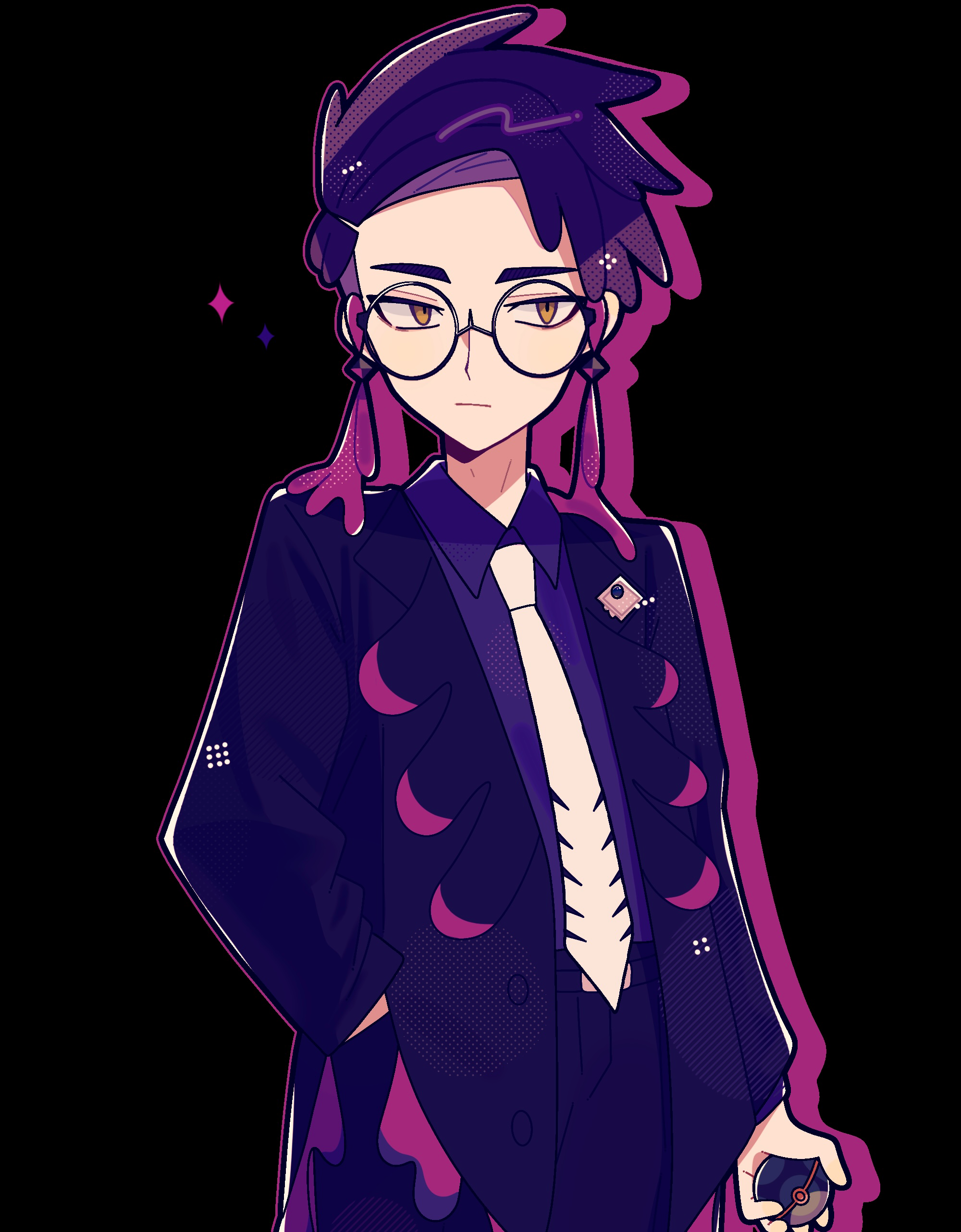 okayu (cwtv7823), corbeau (pokemon), nintendo, pokemon, pokemon legends: z-a, absurdres, commentary request, highres, 1boy, black background, blue jacket, closed mouth, collared shirt, cowboy shot, drop shadow, earrings, glasses, hand in pocket, holding, holding poke ball, jacket, jewelry, long sleeves, male focus, necktie, open clothes, open jacket, poke ball, purple hair, purple shirt, round eyewear, shirt, short hair, simple background, solo, sparkle, white necktie, yellow eyes