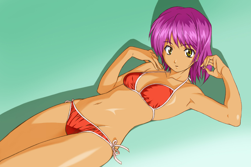 sawa jaaji, armpits, bikini, brown eyes, lying, midriff, purple hair, side-tie bikini bottom, simple background, solo, swimsuit, tan