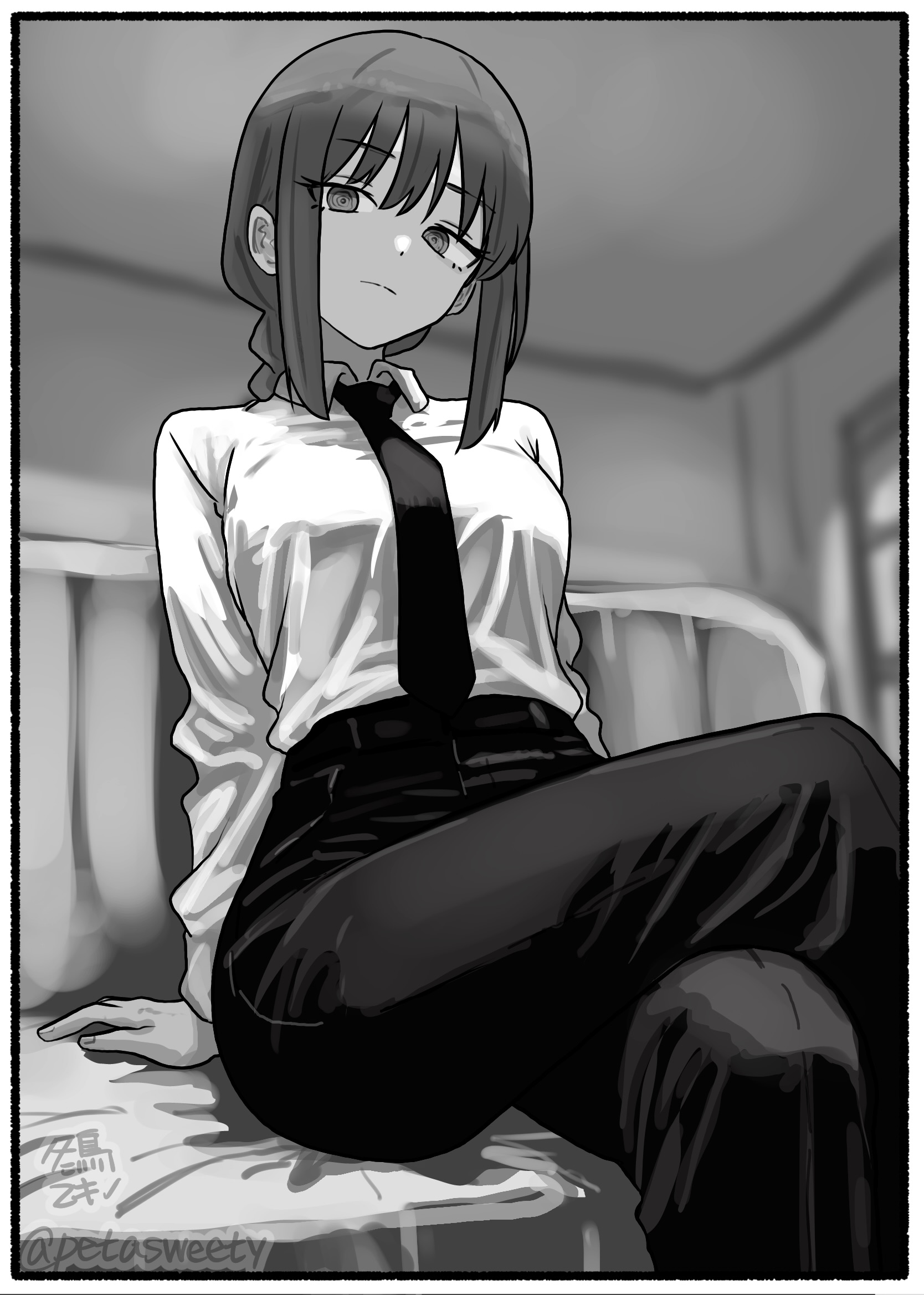 pino sweet, makima (chainsaw man), chainsaw man, commentary request, highres, 1girl, arm support, artist name, border, braid, braided ponytail, breasts, crossed legs, dress shirt, feet out of frame, greyscale, head tilt, long sleeves, looking at viewer, medium breasts, monochrome, necktie, pants, ringed eyes, shirt, shirt tucked in, sidelocks, sitting, solo, twitter username, white border