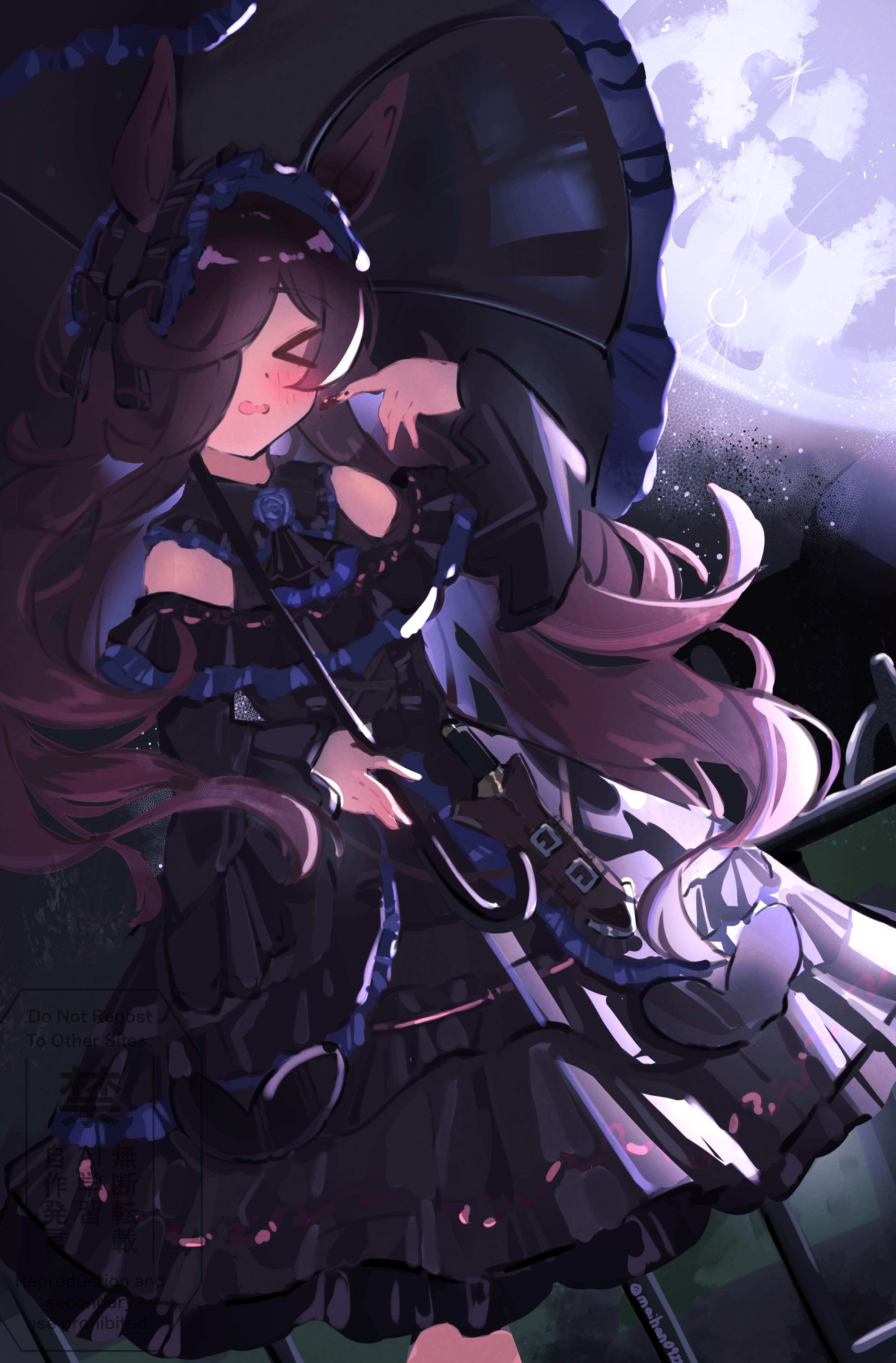 saigyougi, rice shower (umamusume), umamusume, absurdres, highres, > <, 1girl, alternate costume, animal ears, bare shoulders, black dress, black headdress, blue flower, blue rose, blush, breasts, brown hair, closed eyes, dagger, dress, flipped hair, flower, full moon, hair over one eye, headdress, holding, holding umbrella, horse ears, horse girl, knife, long hair, looking at viewer, moon, open mouth, outdoors, parasol, rose, sheath, sheathed, smile, solo, umbrella, weapon