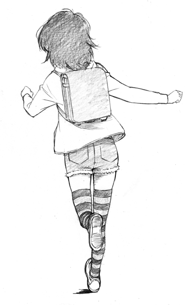 sawa jaaji, traditional media, back, backpack, bag, denim, denim shorts, from behind, greyscale, monochrome, randoseru, running, short hair, shorts, solo, striped clothes, striped thighhighs, thighhighs