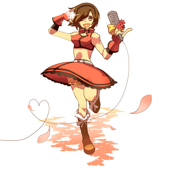 kojijima, kane, meiko (vocaloid), sakine meiko, vocaloid, bad id, bad pixiv id, 1girl, aged down, boots, brown eyes, brown hair, female focus, flower, headphones, m/, microphone, midriff, one eye closed, pinky out, ribbon, short hair, skirt, smile, solo, wink