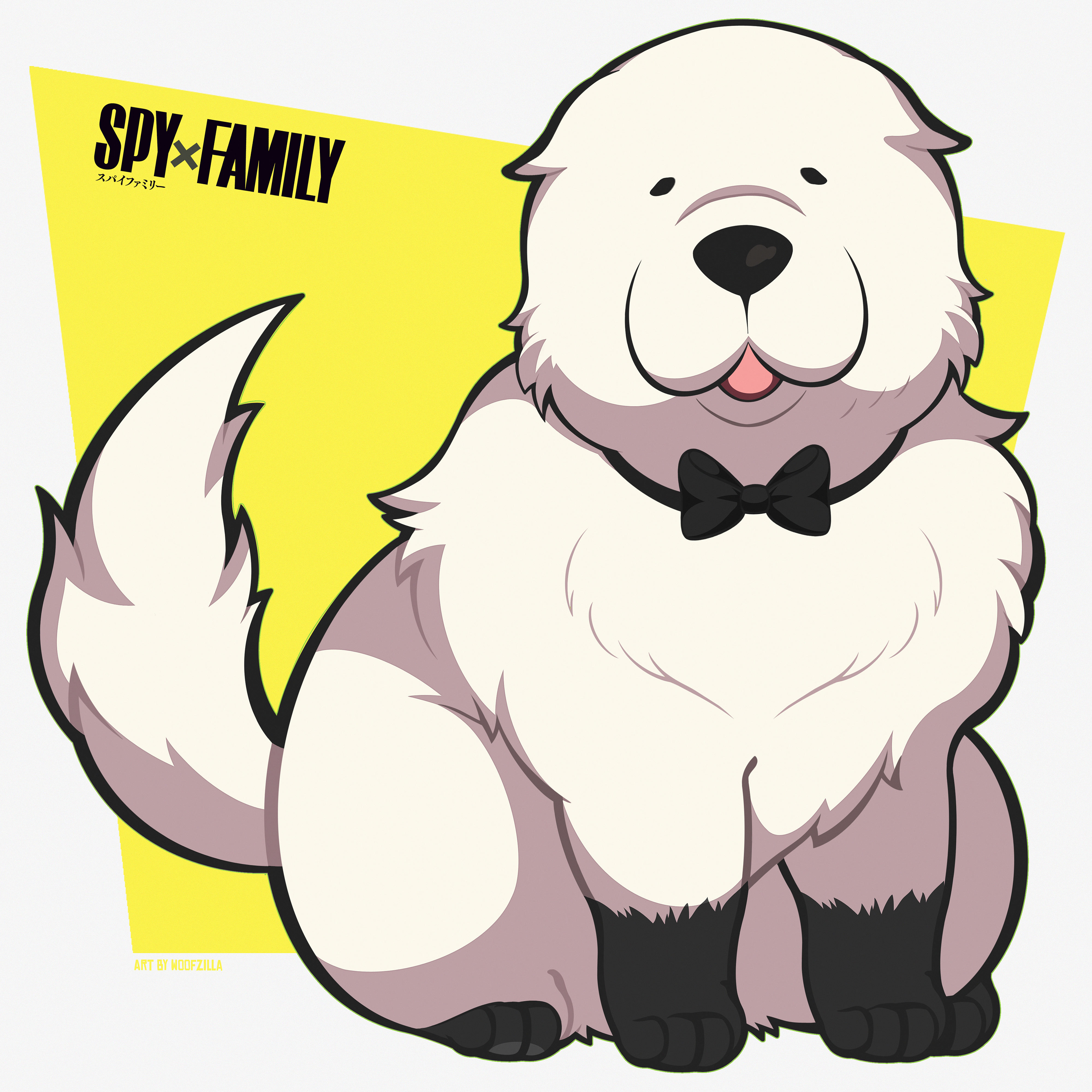 woofzilla, bond (spy x family), spy x family, absurdres, highres, animal, animal focus, black bow, black bowtie, black eyes, border, bow, bowtie, copyright name, dog, full body, looking at viewer, no humans, open mouth, solo, white border, white dog