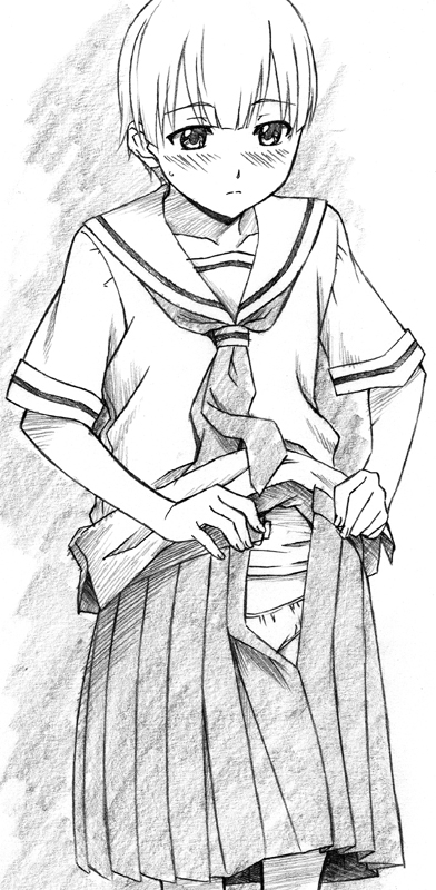 sawa jaaji, nitori shuuichi, hourou musuko, traditional media, blush, crossdressing, dressing, greyscale, male focus, monochrome, panties, school uniform, short hair, skirt, solo, trap, underwear