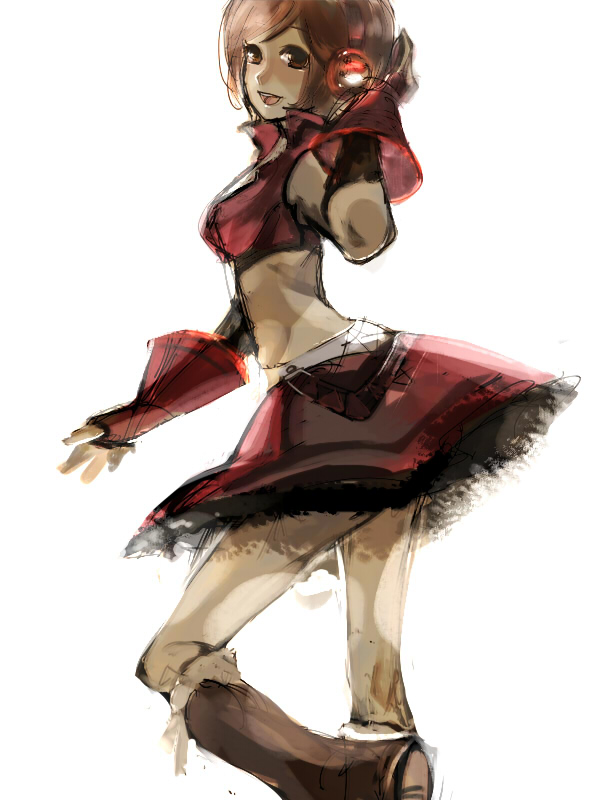 kojijima, kane, meiko (vocaloid), sakine meiko, vocaloid, 1girl, aged down, boots, brown eyes, brown hair, female focus, fingerless gloves, gloves, headphones, midriff, short hair, skirt, smile, solo