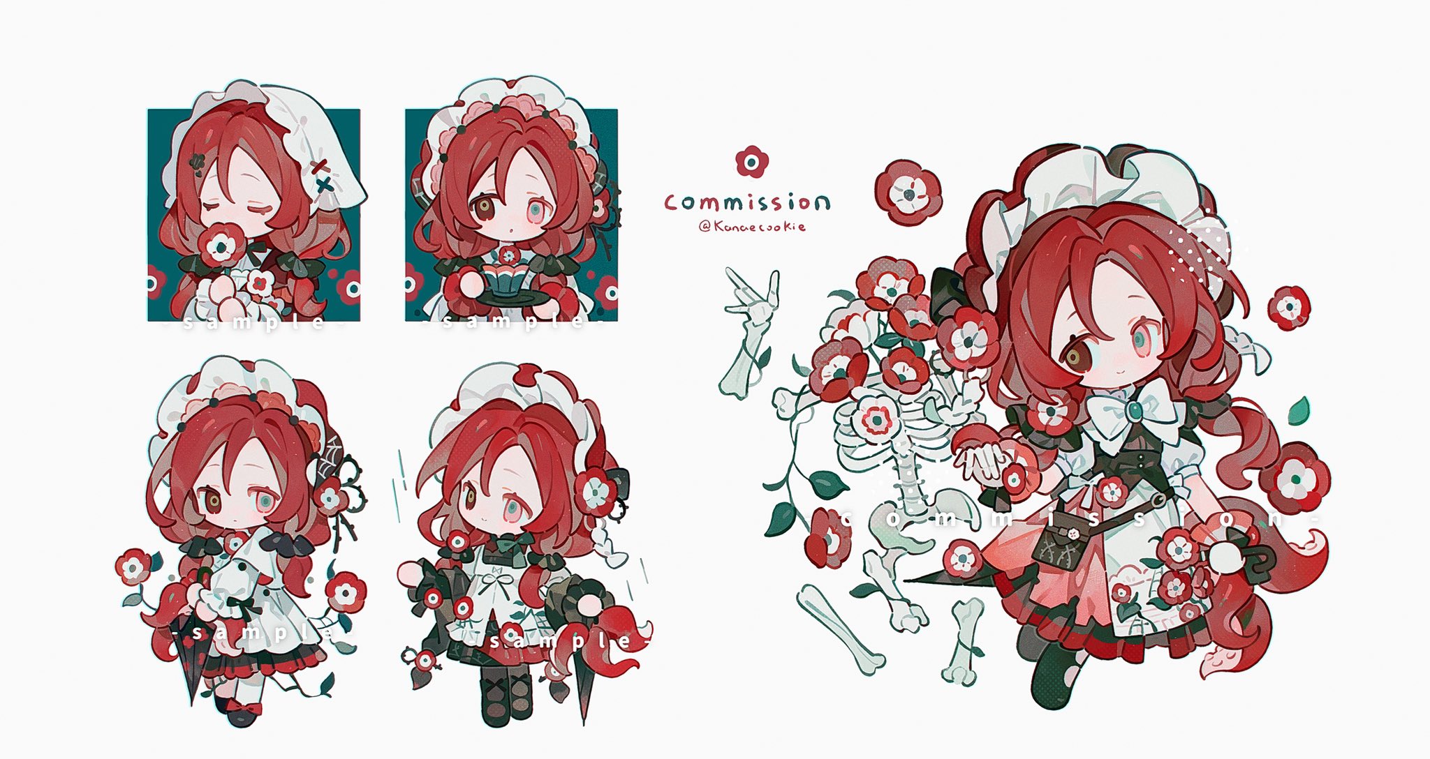 kanae (cookie), original, commission, highres, 1girl, apron, black boots, black shirt, boots, bow, bowtie, brown eyes, chibi, chibi only, closed mouth, flower, full body, hand up, heterochromia, long hair, maid headdress, multiple views, red eyes, red flower, red hair, red skirt, shirt, short sleeves, simple background, skeleton, skirt, smile, standing, twitter username, white apron, white background, white bow, white bowtie