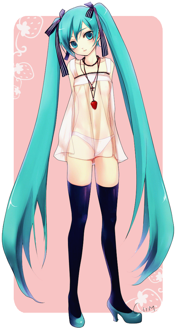 chm, hatsune miku, vocaloid, bad id, bad pixiv id, 1girl, aqua eyes, aqua hair, arms behind back, female focus, flat chest, food, fruit, full body, hair ribbon, high heels, jewelry, legs, long hair, necklace, panties, ribbon, see-through clothes, shoes, solo, strawberry, thighhighs, twintails, underwear, very long hair