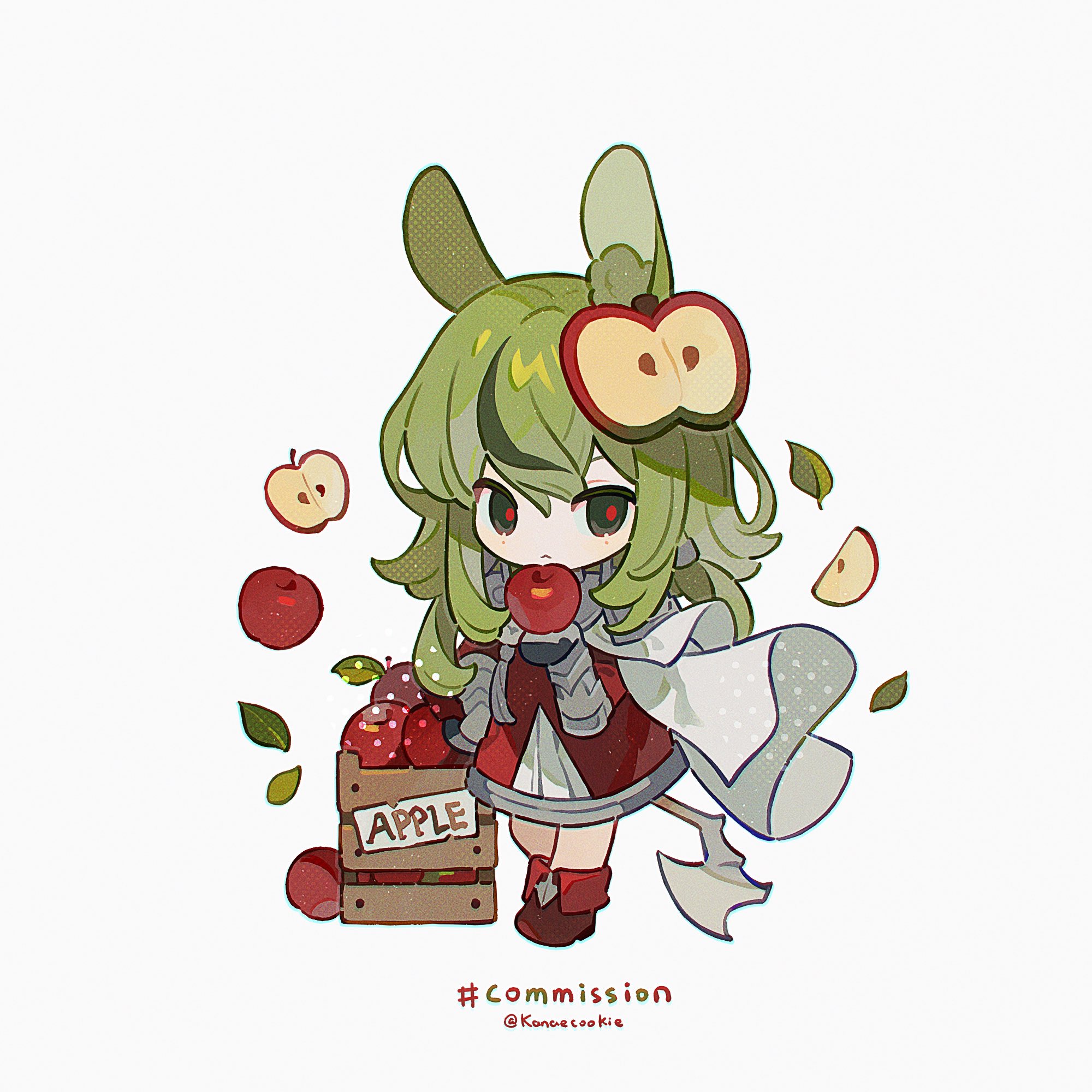kanae (cookie), original, commission, highres, 1girl, animal ear fluff, animal ears, apple, apple hair ornament, boots, chibi, chibi only, closed mouth, double-parted bangs, dress, food, food-themed hair ornament, fruit, full body, gloves, green hair, hair between eyes, hair ornament, holding, holding food, holding fruit, long hair, looking at viewer, rabbit ears, rabbit girl, red boots, red dress, red pupils, simple background, solo, standing, twitter username, white background