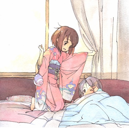 hirasawa ui, hirasawa yui, k-on!, lowres, 00s, 2girls, barefoot, bed, brown eyes, brown hair, child, japanese clothes, kimono, multiple girls, open mouth, pink kimono, siblings, sisters, sleepy, yukata