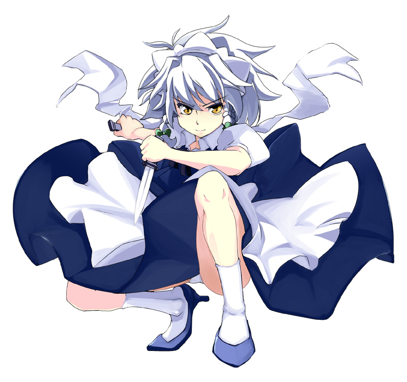 futami shinen, izayoi sakuya, touhou, silver hair, 1girl, female focus, high heels, knife, maid, panties, shoes, solo, underwear, yellow eyes