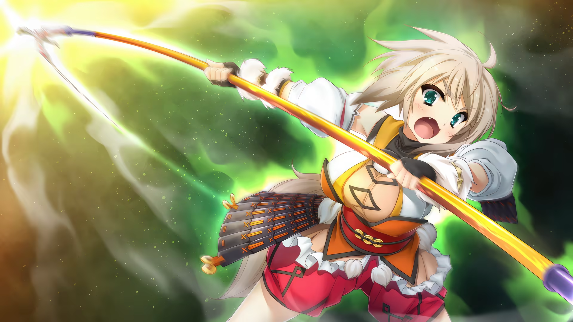 mtu (orewamuzituda), maeda matazaemon wanko toshie, sengoku koihime, sengoku koihime ~otome kenran sengoku emaki~, game cg, highres, third-party source, 1girl, ahoge, aqua eyes, attack, aura, black gloves, blush, breasts, cleavage, cowboy shot, detached sleeves, fang, fighting, fingerless gloves, gloves, glowing, green aura, grey hair, hakama, hakama pants, holding, holding polearm, holding weapon, incoming attack, japanese clothes, kimono, large breasts, motion blur, obi, open mouth, outstretched arm, pants, polearm, red pants, red sash, sash, short hair, sleeveless, sleeveless kimono, spear, swinging weapon, v-shaped eyebrows, weapon