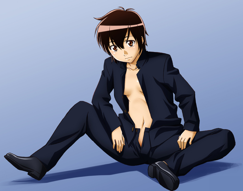 sawa jaaji, takatsuki yoshino, hourou musuko, 1girl, androgynous, blush, breasts, brown eyes, brown hair, female focus, loli, no bra, open clothes, open shirt, reverse trap, shirt, short hair, sitting, small breasts, solo, spread legs, tomboy