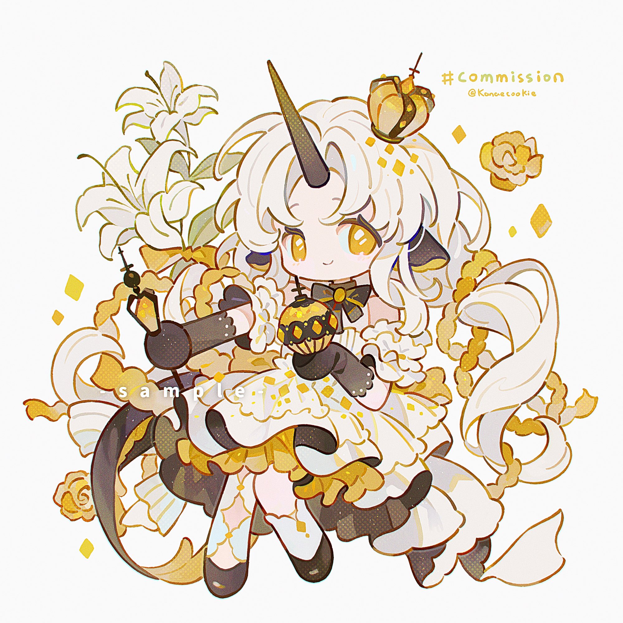 kanae (cookie), original, commission, highres, 1girl, animal ears, bare shoulders, black bow, black bowtie, black gloves, bow, bowtie, brown shoes, chibi, chibi only, closed mouth, crown, dress, flower, full body, gloves, horns, long hair, looking at viewer, parted bangs, sheep ears, sheep girl, shoes, short sleeves, simple background, single horn, smile, socks, solo, twitter username, white background, white dress, white hair, white socks, yellow eyes, yellow flower