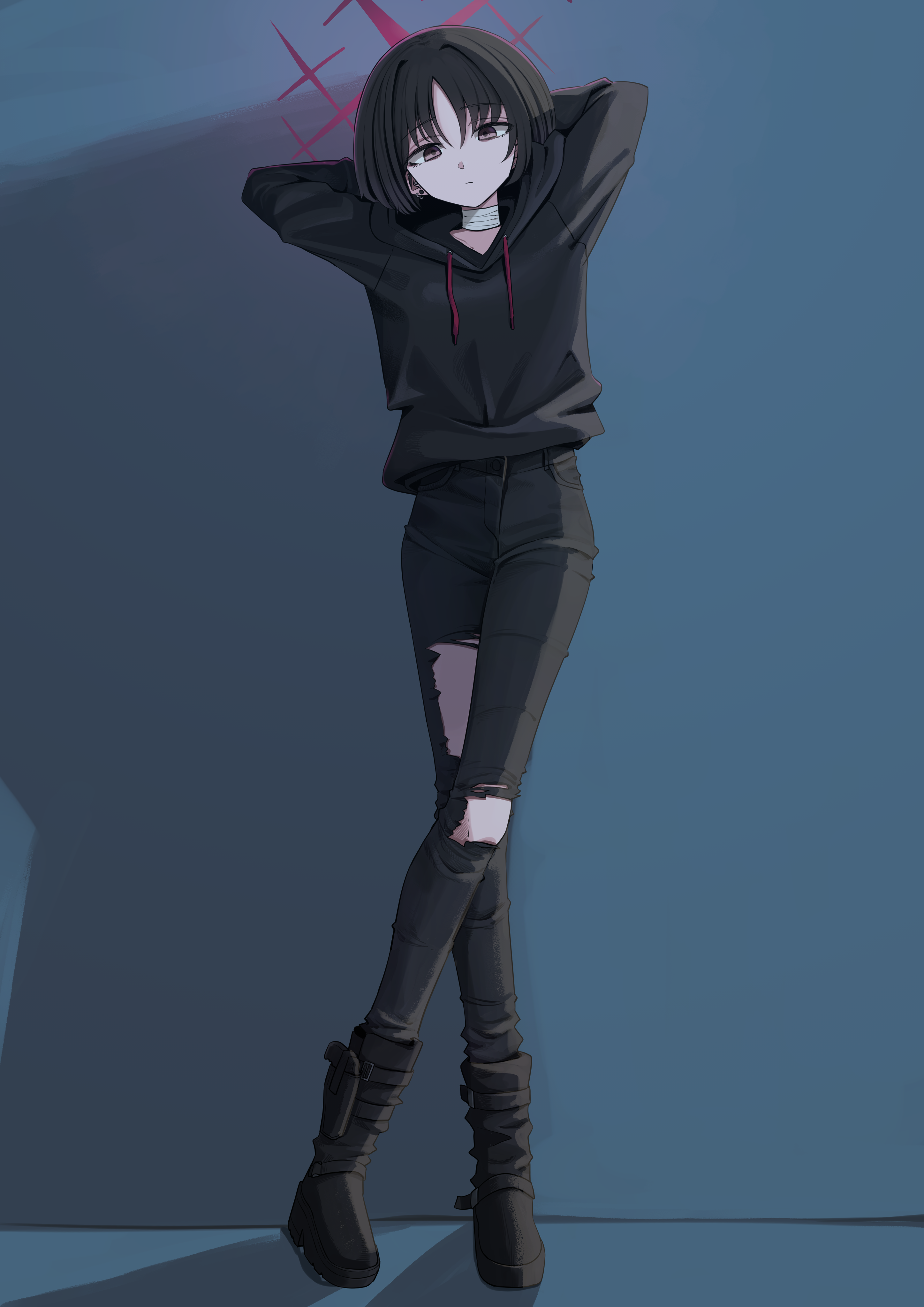 coralreef966, misaki (blue archive), blue archive, absurdres, commentary request, highres, 1girl, ankle holster, arms behind head, bags under eyes, bandaged neck, bandages, barbell piercing, black boots, black hair, black hoodie, boots, crossed legs, ear piercing, gun, halo, handgun, hood, hoodie, industrial piercing, long legs, pants, piercing, red eyes, red halo, short hair, solo, standing, straight-on, torn clothes, torn pants, weapon