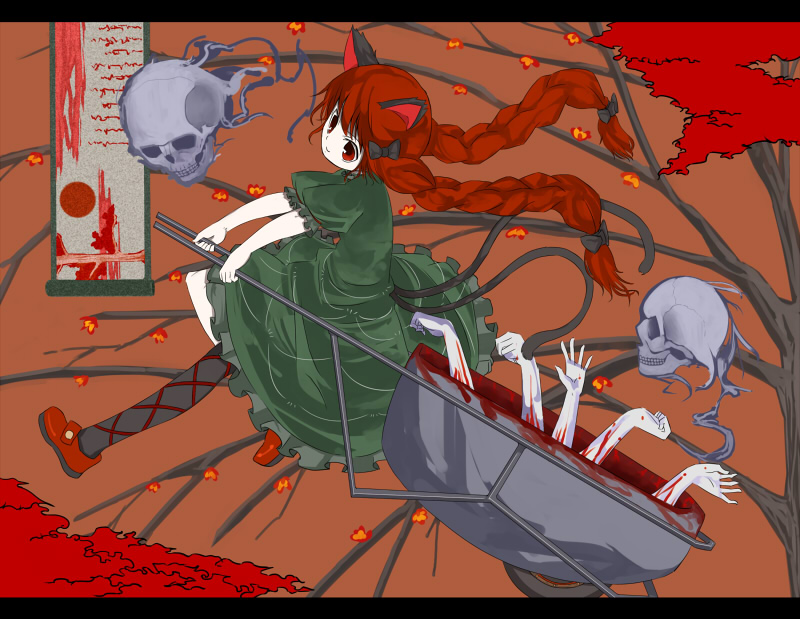 hyara, kaenbyou rin, touhou, bad id, bad pixiv id, 1girl, animal ears, blood, braid, cat ears, cat girl, cat tail, female focus, ghost, hair ribbon, leaf, multiple tails, pantyhose, red eyes, red hair, ribbon, short hair, skull, solo, tail, tree, twin braids, twintails, wheelbarrow