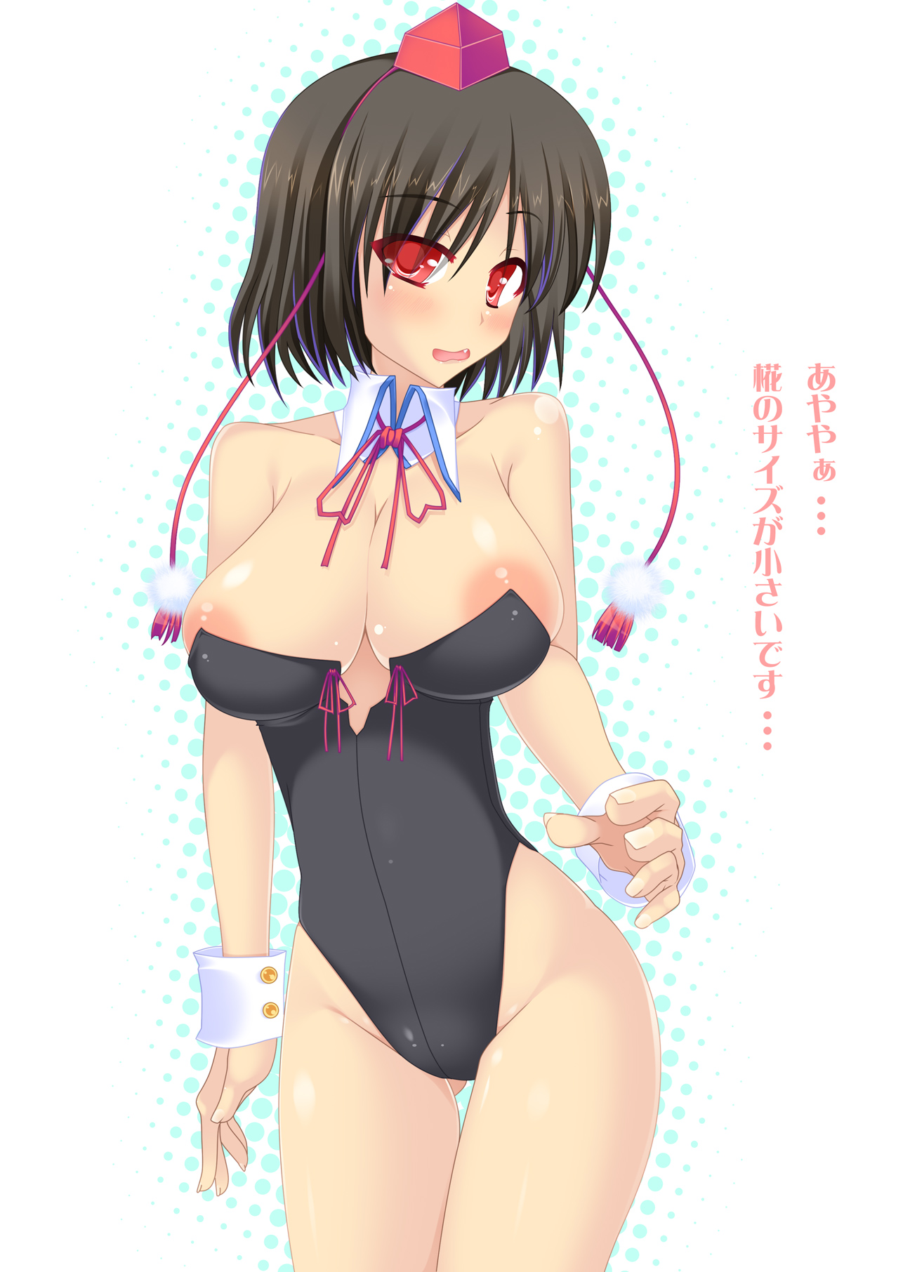 kirise mitsuru, shameimaru aya, touhou, bad id, bad pixiv id, highres, translated, 1girl, ayaya~, black hair, blush, breasts, cleavage, female focus, hat, large breasts, leotard, looking at viewer, open mouth, red eyes, short hair, solo, tokin hat