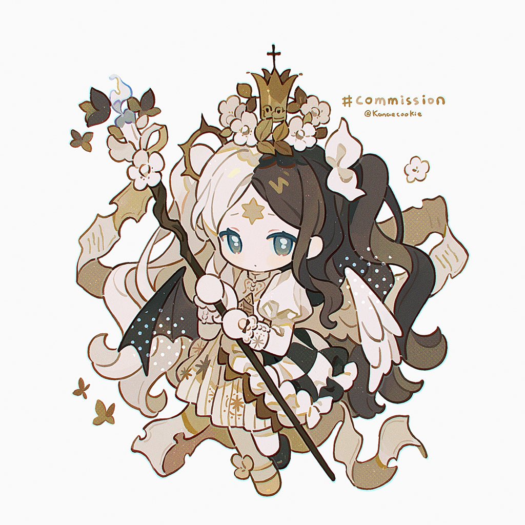 kanae (cookie), original, commission, 1girl, asymmetrical footwear, black hair, black shoes, blue eyes, chibi, chibi only, closed mouth, crown, dress, full body, hair ribbon, head wreath, holding, holding staff, juliet sleeves, long hair, long sleeves, looking at viewer, mismatched footwear, multicolored hair, parted bangs, puffy sleeves, ribbon, shoes, simple background, solo, split-color hair, staff, standing, twitter username, two-tone hair, two side up, white background, white dress, white hair, white ribbon, yellow shoes