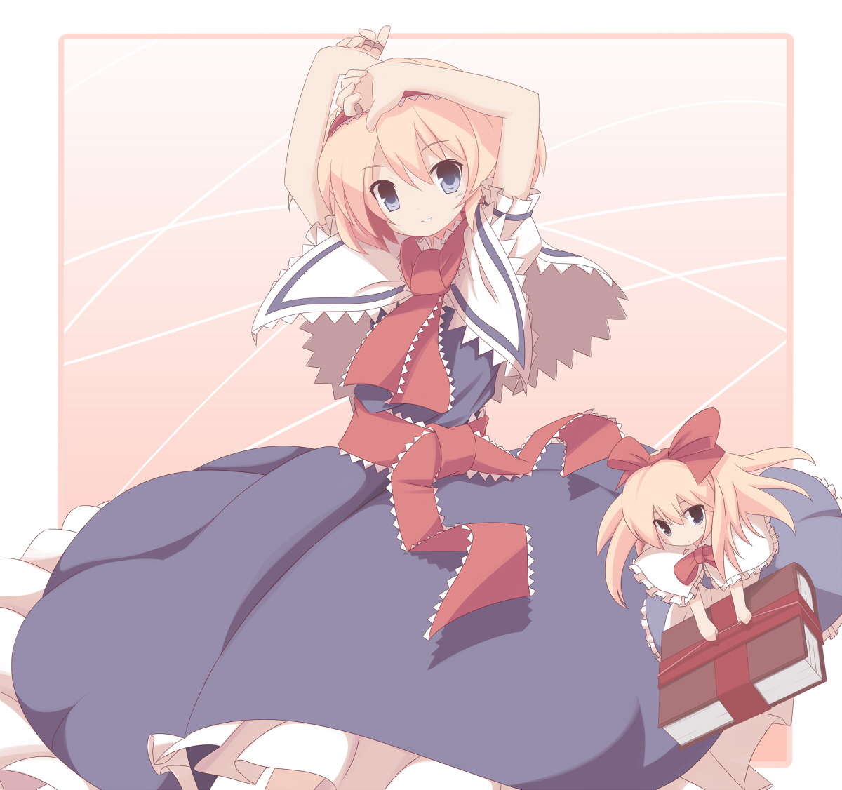 miko machi, alice margatroid, shanghai doll, touhou, 2girls, blonde hair, blue eyes, book, bow, capelet, doll, female focus, hair bow, hairband, jewelry, long hair, multiple girls, ring, short hair, solo, standing, thread