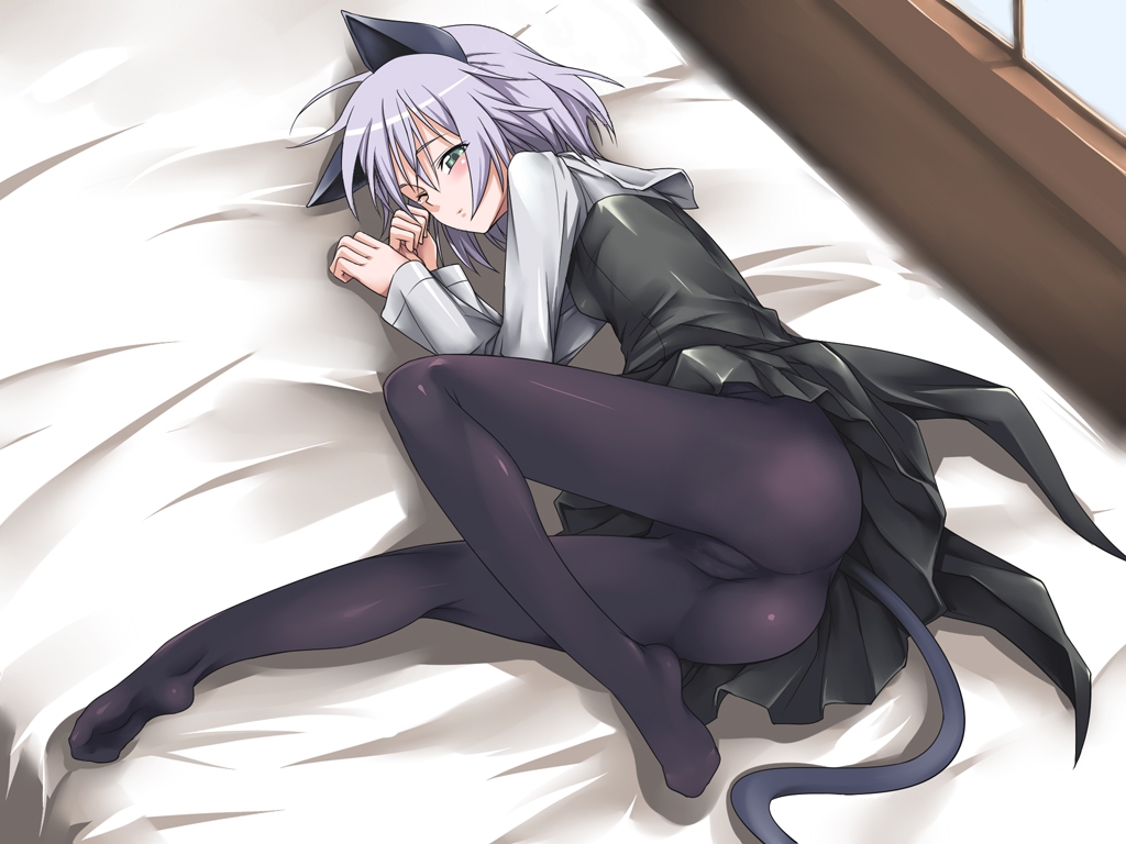 hamihe, sanya v. litvyak, strike witches, world witches series, third-party edit, 00s, 1girl, animal ears, ass, bed, black pantyhose, cameltoe, feet, female focus, green eyes, legs, long legs, lying, no panties, one eye closed, pantyhose, purple hair, skin tight, sleepy, solo, tail, wink