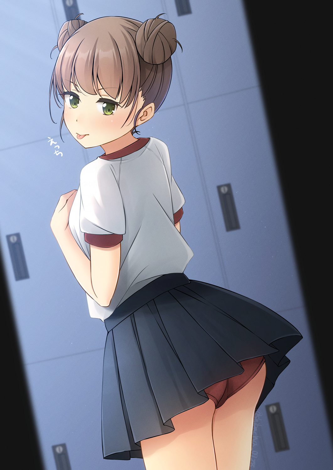 shibacha, original, commentary request, highres, 1girl, breasts, brown hair, buruma, buruma under skirt, double bun, green eyes, hair bun, locker, red buruma, shirt, skirt, small breasts, solo, tongue, tongue out
