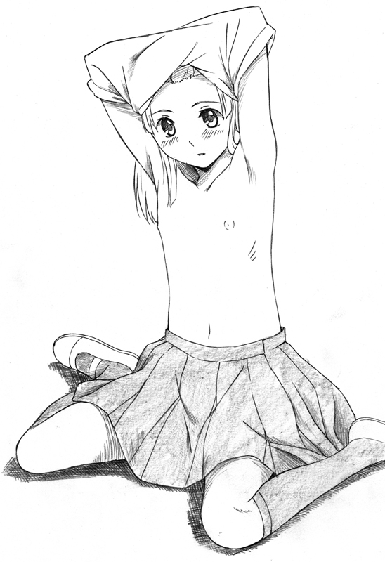 sawa jaaji, nitori shuuichi, hourou musuko, traditional media, 1girl, armpits, black socks, blush, crossdressing, crossdressing (ftm), crossdressing (mtf), female focus, flat chest, greyscale, kneehighs, kneeling, loli, long hair, mary janes, monochrome, shoes, sitting, skirt, socks, solo, undressing, uwabaki, wariza