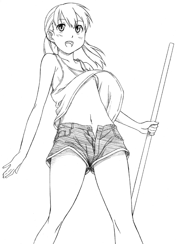 sawa jaaji, sasa kanako, hourou musuko, traditional media, 1girl, flat chest, greyscale, legs, loli, long hair, midriff, monochrome, nipple slip, nipples, open fly, short twintails, shorts, twintails, unzipped, wind, wind lift