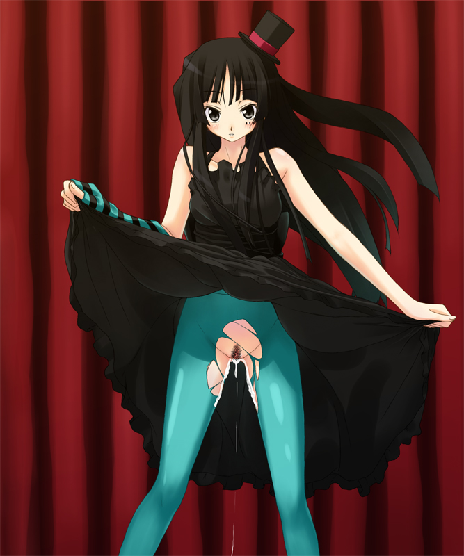 iwasaki takashi, akiyama mio, don't say "lazy", k-on!, 00s, 1girl, aqua pantyhose, black hair, blue pantyhose, clothes lift, cum, cum in pussy, cumdrip, dress, female focus, female pubic hair, gloves, hat, long hair, mini hat, mini top hat, no panties, pantyhose, pubic hair, pussy, single glove, skirt, skirt lift, solo, standing, top hat, torn clothes, torn pantyhose, uncensored, upskirt