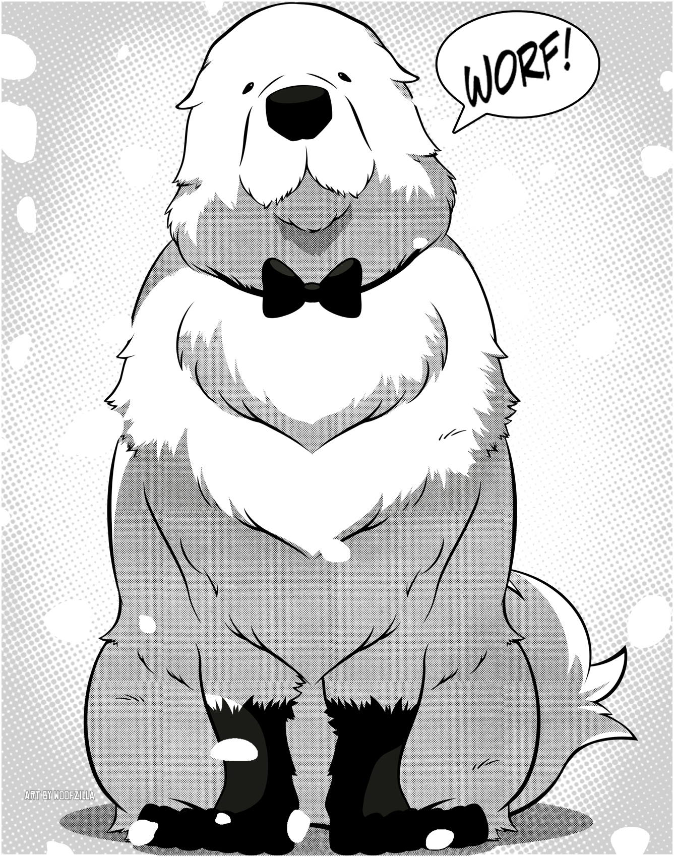 woofzilla, bond (spy x family), spy x family, commentary, english commentary, highres, animal, animal focus, bow, bowtie, closed mouth, dog, full body, greyscale, looking at viewer, monochrome, no humans, sitting, solo, sound effects, speech bubble