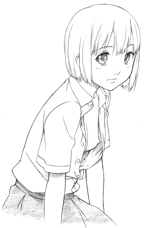 sawa jaaji, nitori maho, hourou musuko, traditional media, 1girl, blush, bob cut, breast slip, breasts, greyscale, loli, monochrome, nipples, no bra, one breast out, open clothes, open shirt, shirt, short hair, skirt, small breasts