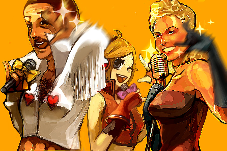 kojijima, kane, leon (vocaloid), meiko (vocaloid), sakine meiko, sweet ann, vocaloid, bad id, bad pixiv id, 1boy, 2girls, ahoge, black eyes, blonde hair, brown hair, dress, fingerless gloves, gloves, grey eyes, headphones, heart, microphone, midriff, motion blur, multiple girls, one eye closed, pinky out, red dress, ribbon, shirt, short hair, smile, vintage microphone, wink