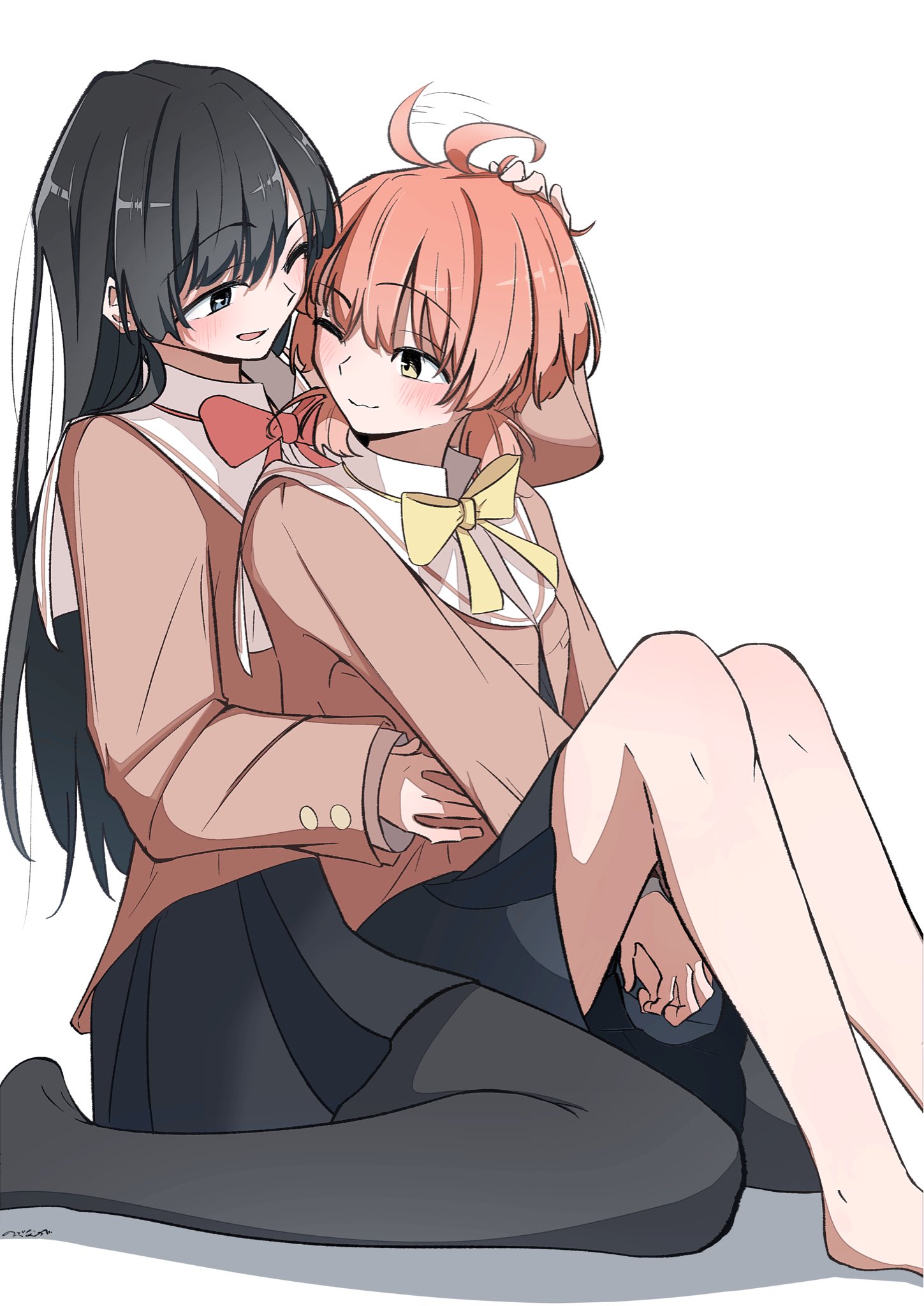 koito yuu, nanami touko, yagate kimi ni naru, commentary request, highres, 2girls, ahoge, black eyes, black hair, black pantyhose, black skirt, blush, brown shirt, long hair, low twintails, multiple girls, no shoes, nobunaga (nbng g), one-eyed, open mouth, orange hair, own hands together, pantyhose, purple eyes, school uniform, shirt, short hair, short twintails, skirt, tohmi higashi high school uniform, twintails, yellow eyes, yuri