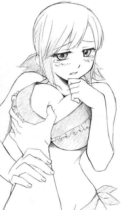 sawa jaaji, nonomura ayumi, hyakko, traditional media, 00s, 1girl, bikini, blush, breasts, grabbing another's breast, greyscale, groping, large breasts, monochrome, short hair, solo focus, swimsuit, tears