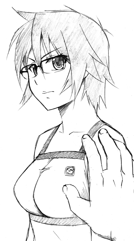 sawa jaaji, kazamatsuri touma, hyakko, traditional media, 00s, 1girl, glasses, greyscale, monochrome, short hair, solo focus, sports bra