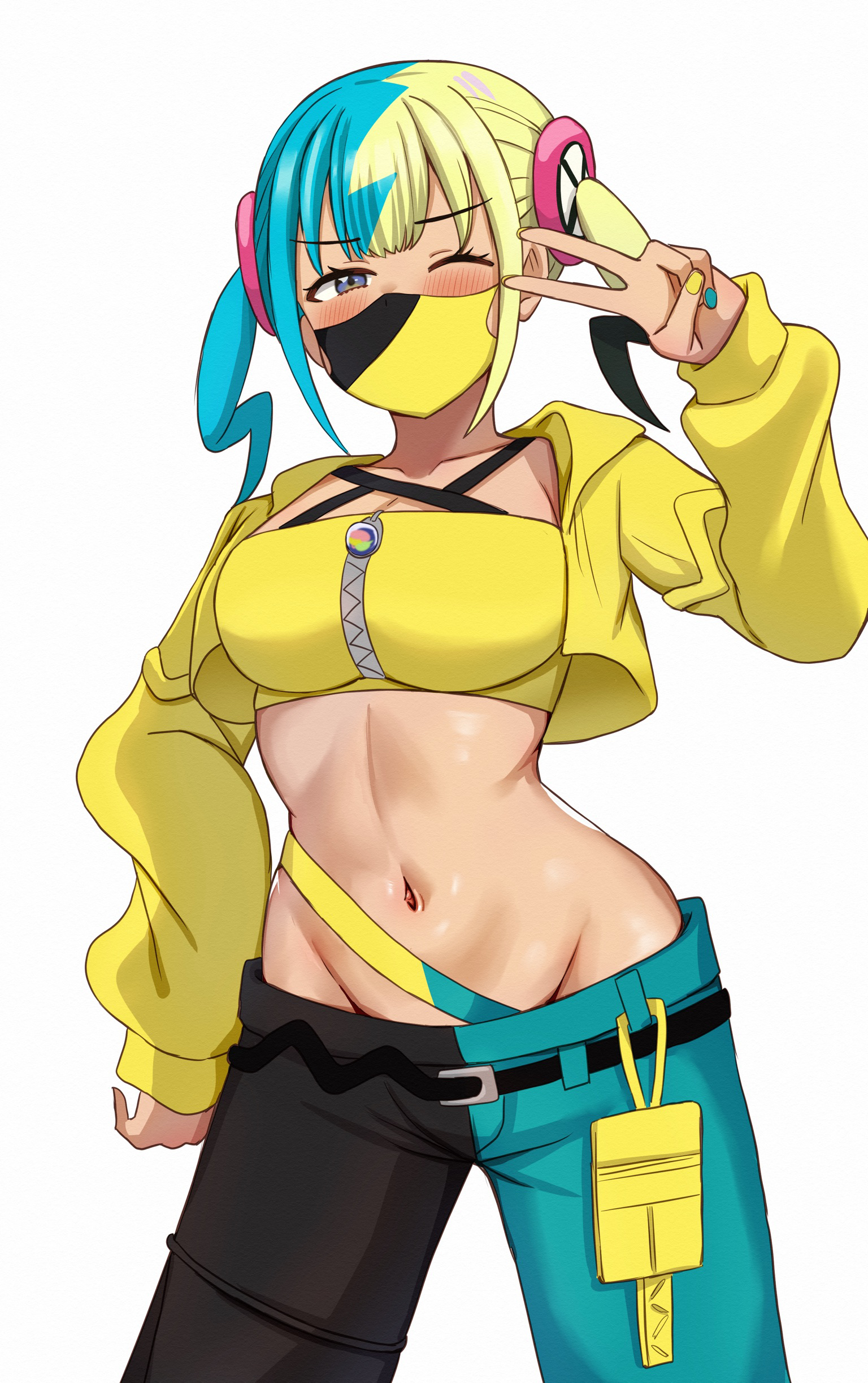 nootomo, canari (pokemon), nintendo, pokemon, pokemon legends: z-a, absurdres, highres, 1girl, aqua hair, bandeau, black hair, black mask, blonde hair, blue eyes, blue nails, blush, breasts, groin, jacket, large breasts, looking at viewer, multicolored nails, one eye closed, pants, simple background, solo, two-tone mask, two-tone pants, v, white background, yellow bandeau, yellow jacket, yellow nails