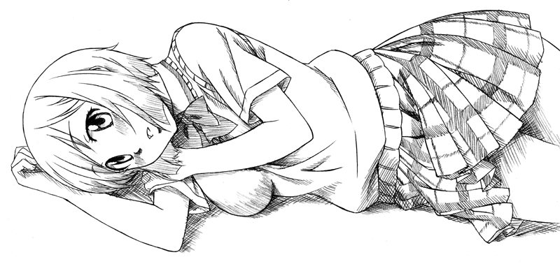 sawa jaaji, nonomura ayumi, hyakko, traditional media, 00s, 1girl, blush, breasts, female focus, greyscale, large breasts, monochrome, school uniform, short hair, solo, sweater