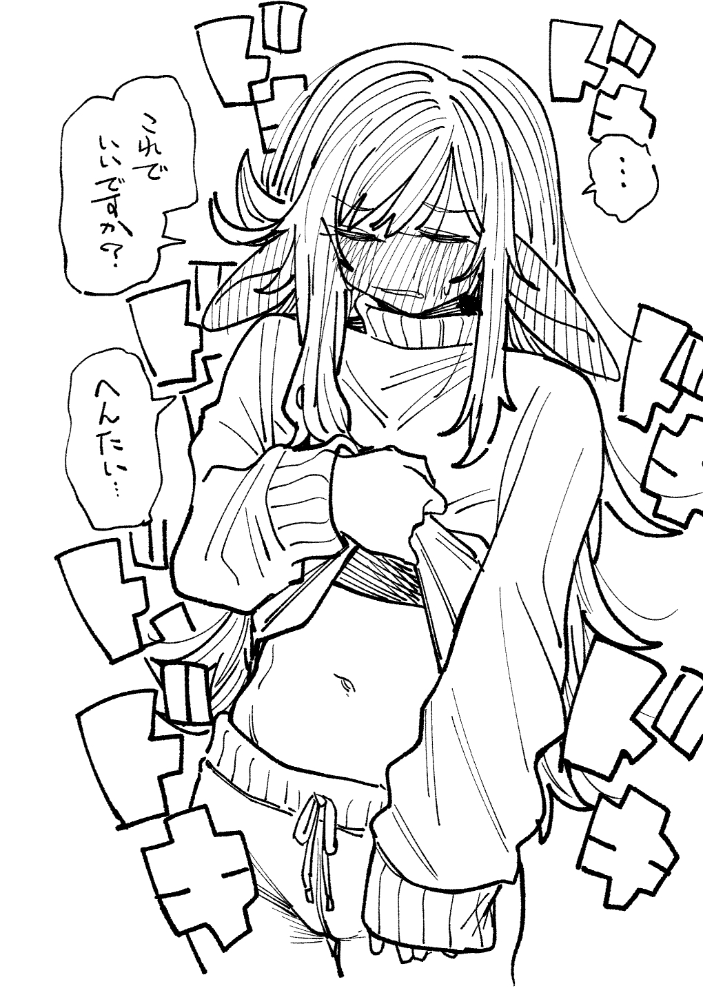 tarotanat, original, highres, 1girl, blush, cameltoe, clothes lift, elf, embarrassed, full-face blush, greyscale, long hair, long pointy ears, monochrome, navel, pointy ears, shirt lift, simple background, sweater, turtleneck, turtleneck sweater, white background