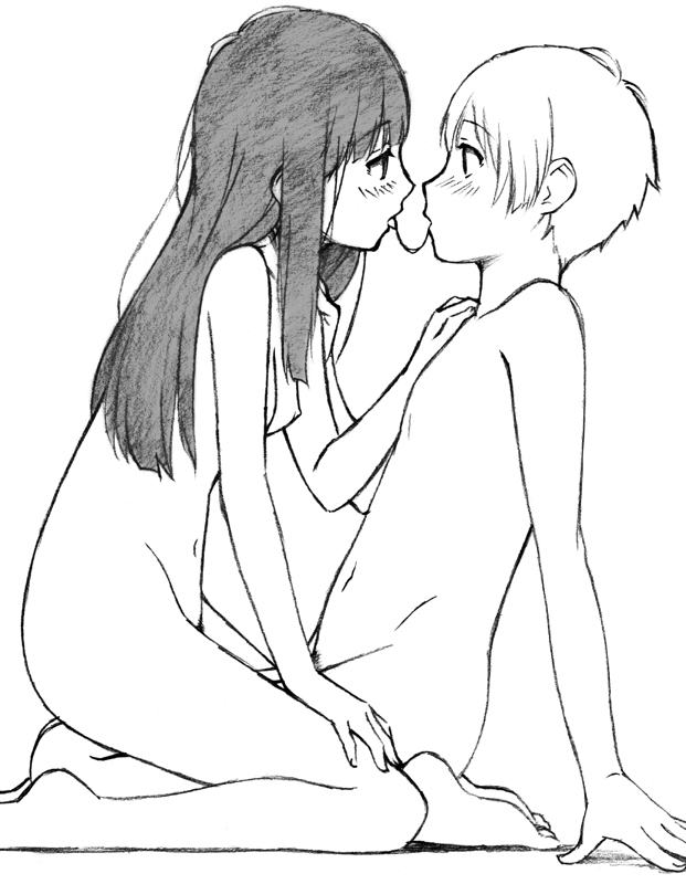 sawa jaaji, chiba saori, nitori shuuichi, hourou musuko, traditional media, 1boy, 1girl, blush, breasts, flat chest, greyscale, hetero, kiss, kneeling, loli, long hair, monochrome, navel, nude, pubic hair, saliva, saliva trail, short hair, shota, small breasts